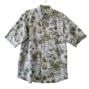 Columbia Hawaiian Short Sleeve Shirt Mens Size L White Green Palm Print Button